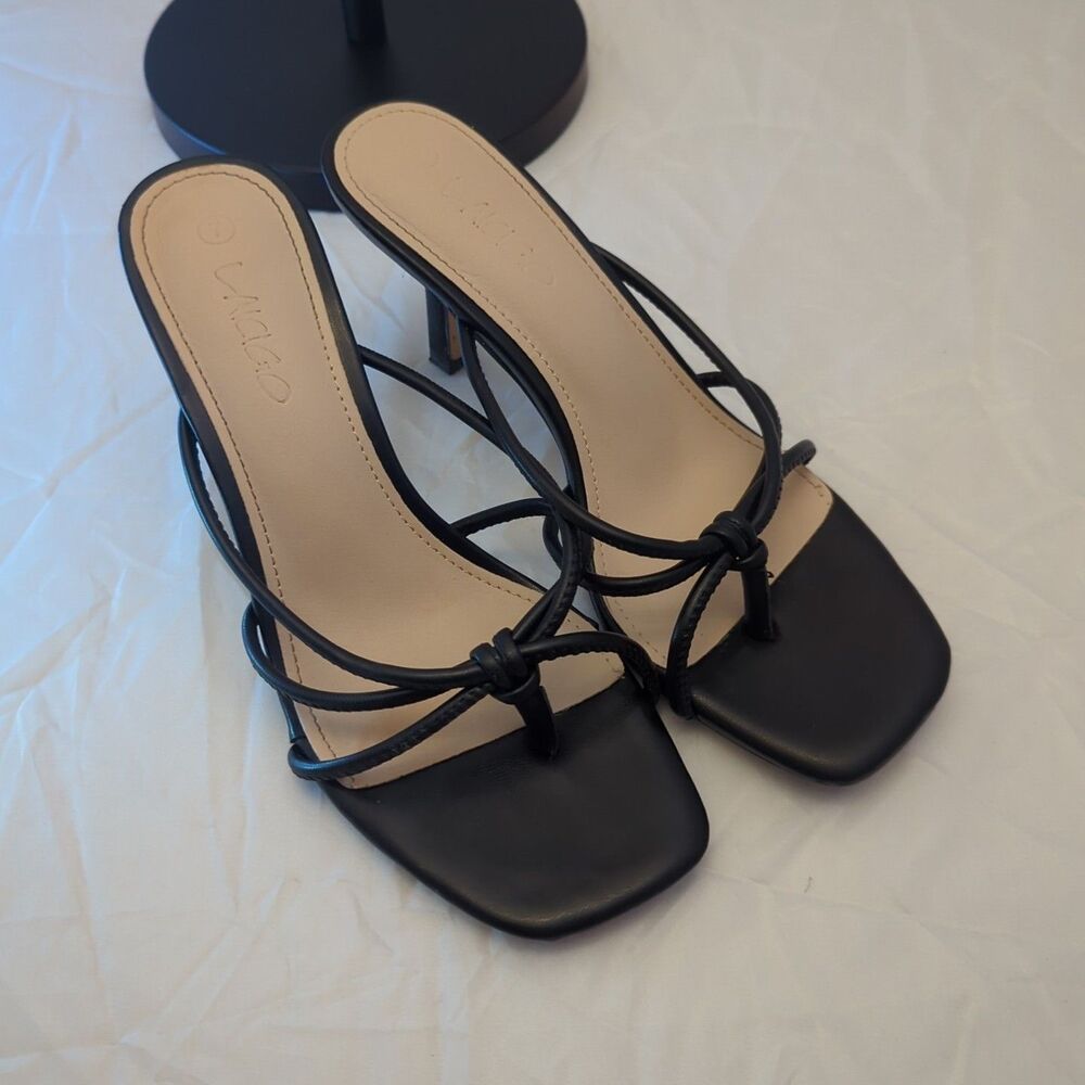 Laicigo Womens Size 7 Black Open Toe 3" Heel Slide On Strappy Sandal Shoes